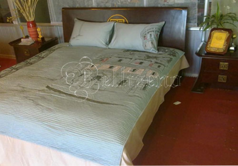 Bộ chăn chần vỏ gối thêu - Bốt Hàng Đậu - xanh ngọc